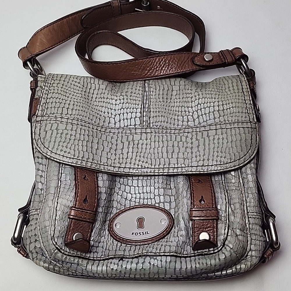 Vintage Fossil Maddox Crossbody Gray Brown Snakeskin Leather Saddle Bag Y2K 90s